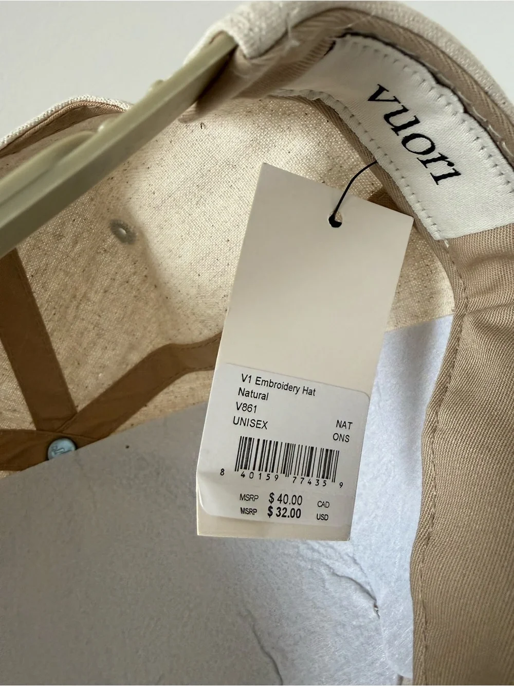 VUORI V1 Embroidery Hat Natural One Size NWT Adjustable Canvas Cap